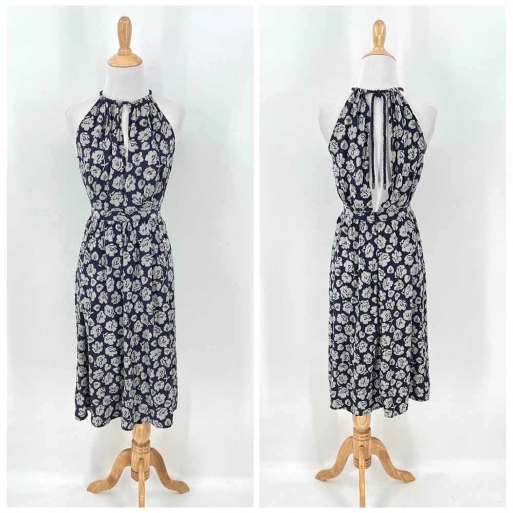 No.6 Store Silk Halter Midi Dress Floral Print Navy Gray Small Party Cocktail